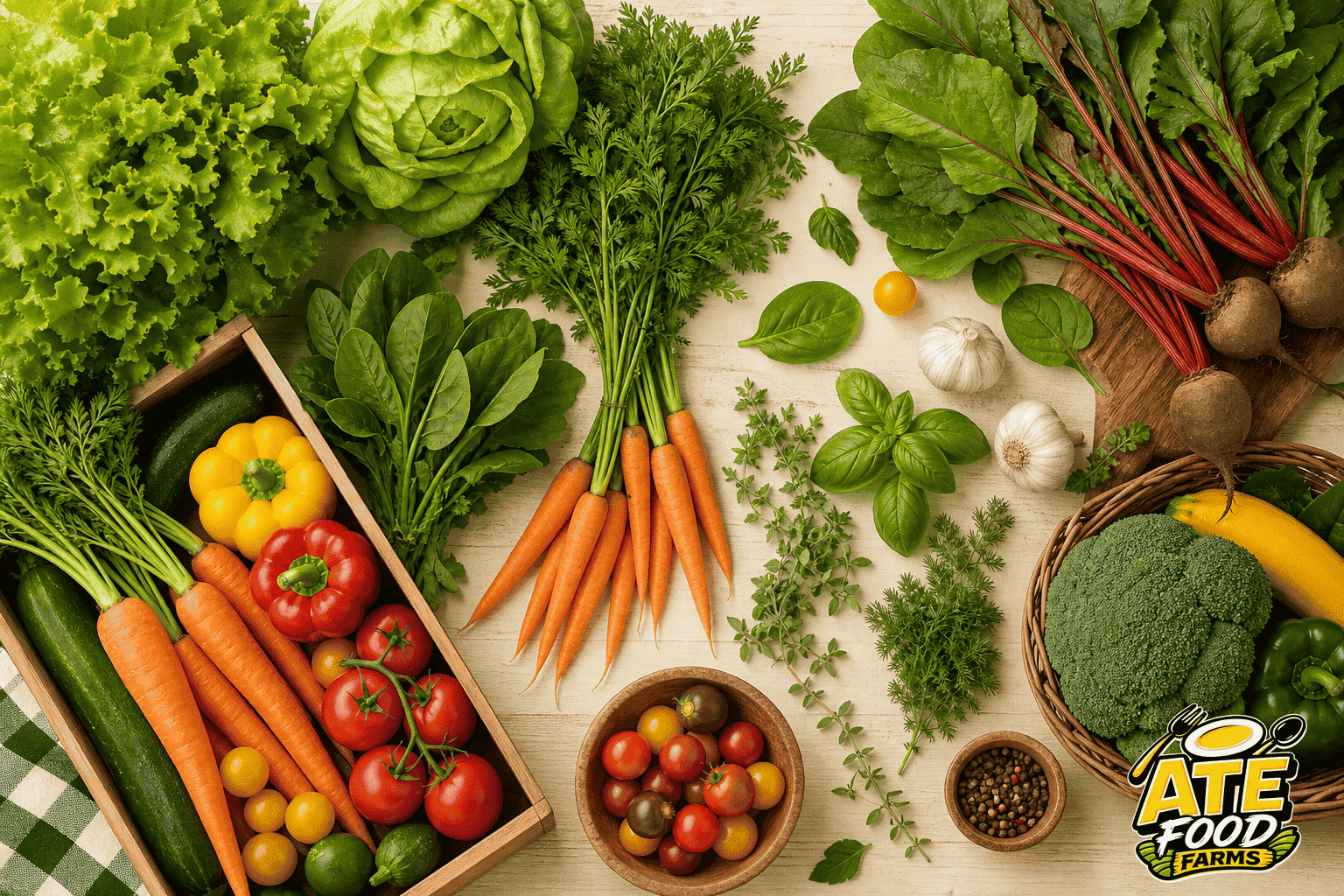 Freshly harvested lettuce, tomatoes, carrots, herbs and vegetables laid out on a table