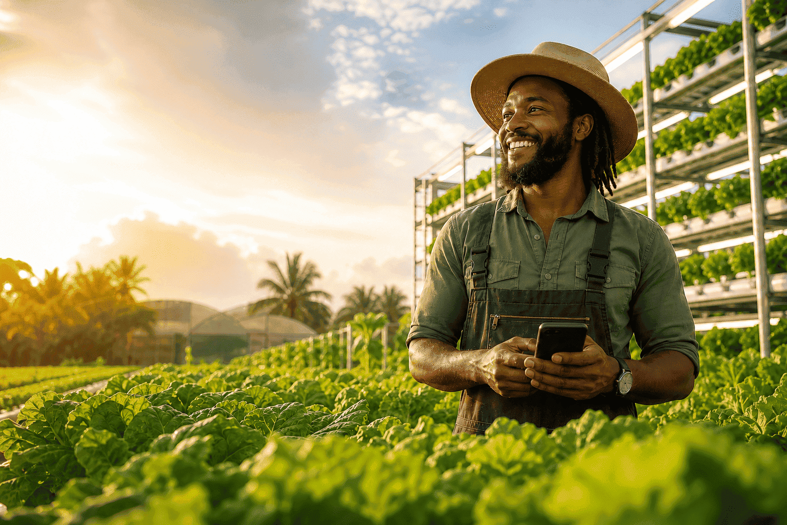 ATE Food Farms farmer checking crops on a phone in a vertical hydroponic field at sunset