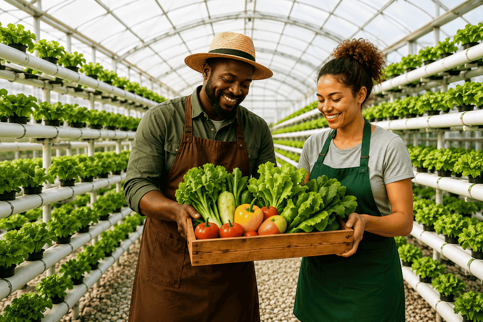 Two local farmers holding a crate of freshly harvested vegetables in a hydroponic greenhouse