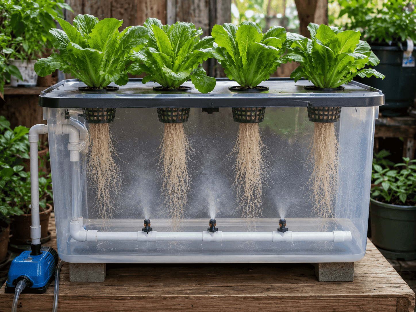 An aeroponic grow system with lettuce roots suspended above a misting reservoir