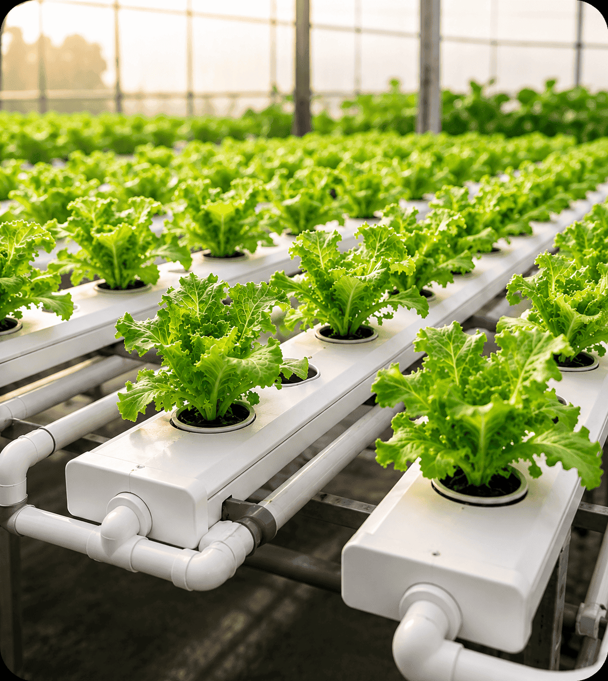 Rows of lettuce growing in a hydroponic system inside a greenhouse