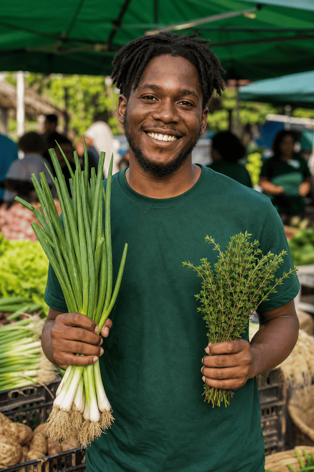 A community volunteer holding fresh scallion and thyme