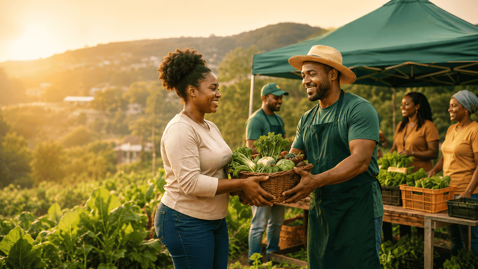 ATE Food Farms members sharing fresh produce at a neighborhood farm stand