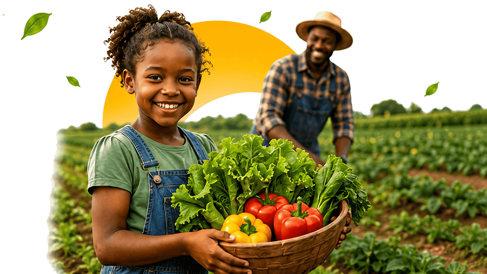 A young girl holding a basket of fresh vegetables with a farmer in the field