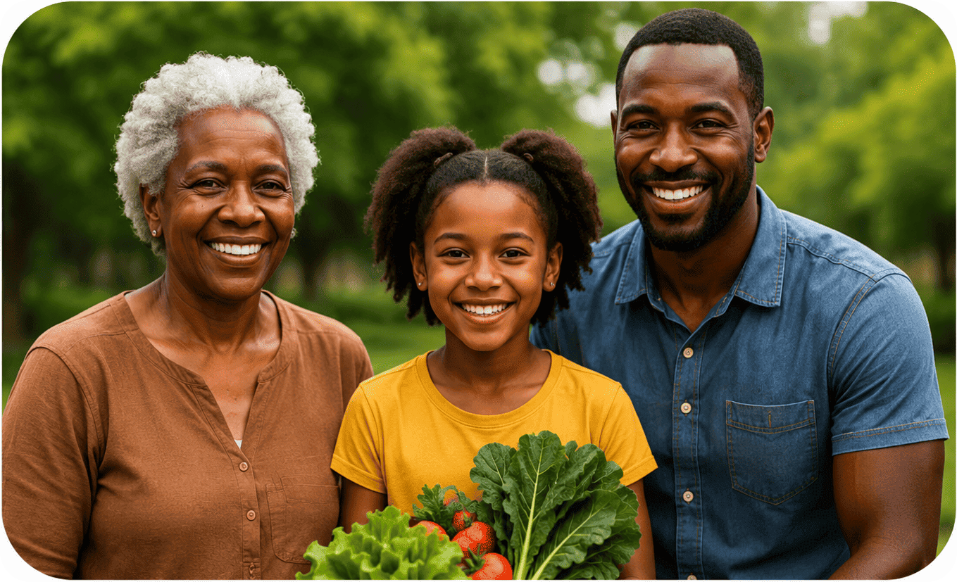 A family smiling with a harvest of fresh vegetables