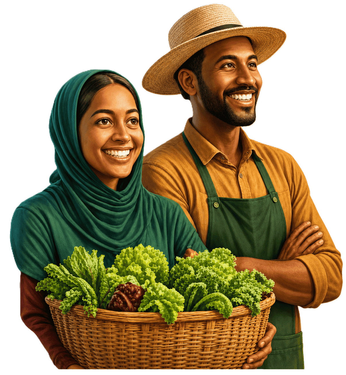 Two ATE Food Farms growers holding a basket of fresh produce