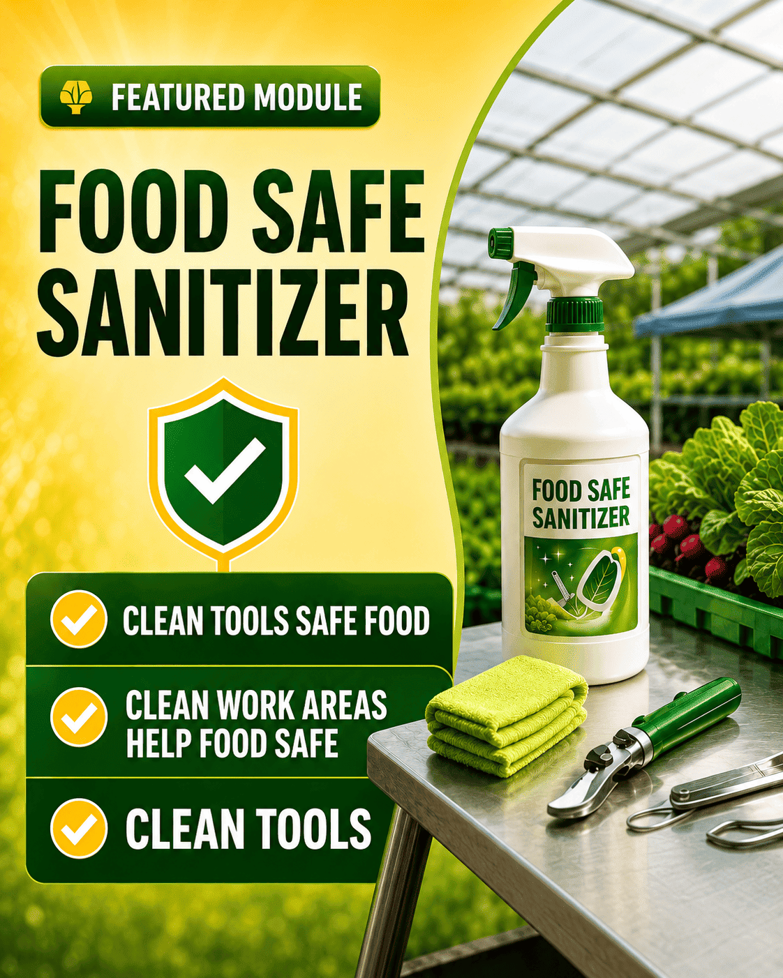 ATE Food Farms food-safe sanitizer training graphic showing clean tools and safe food practices