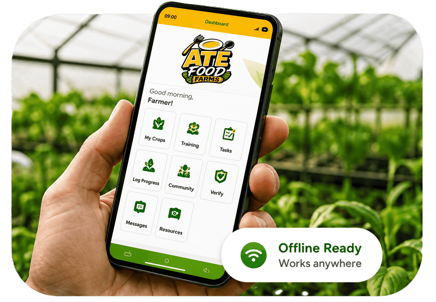 ATE Food Farms mobile dashboard shown in a greenhouse with offline-ready access