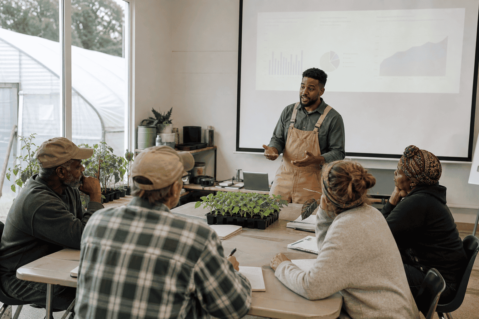 A farmer leading a practical crop training workshop for a small group
