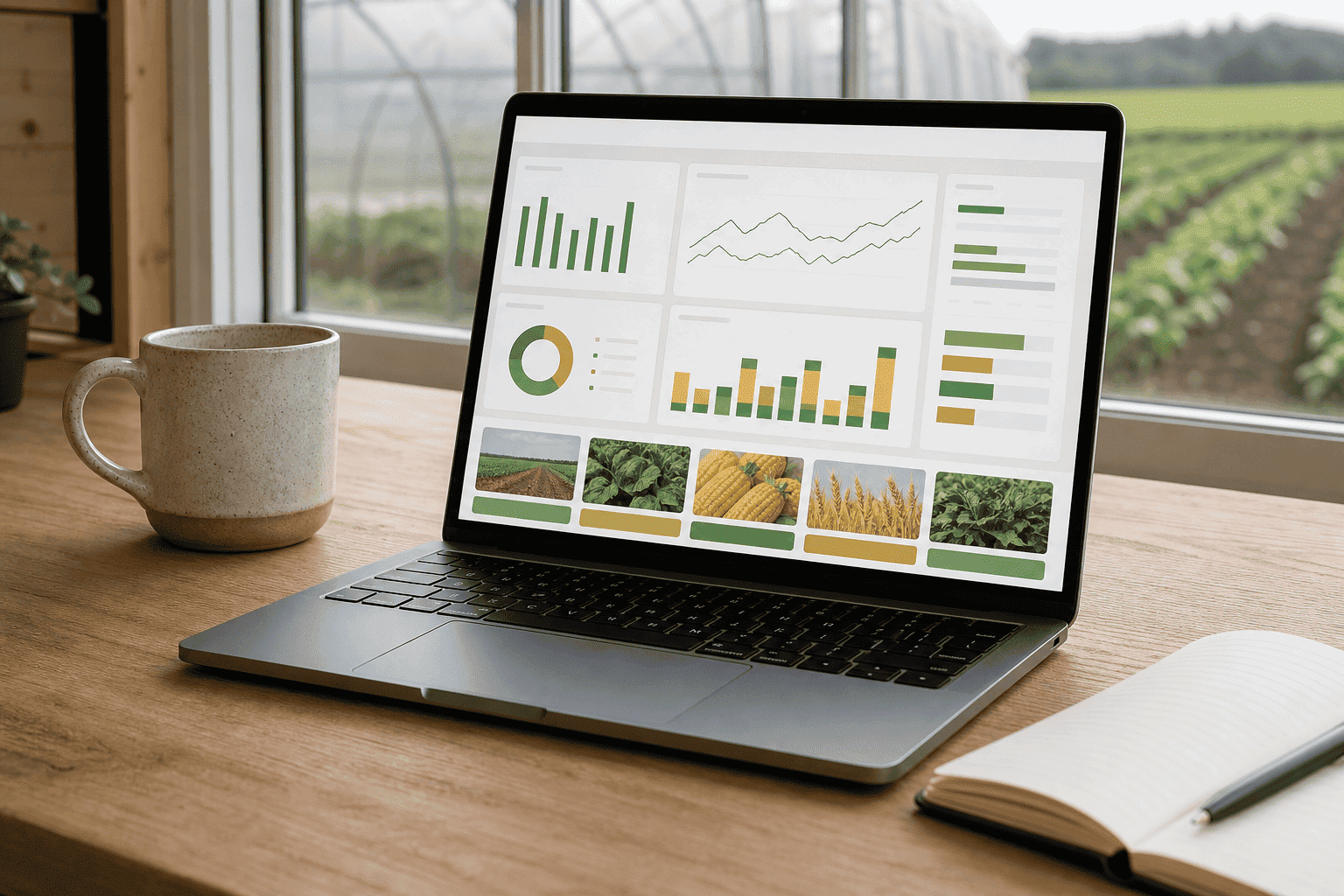 A laptop displaying farm performance charts beside a greenhouse window