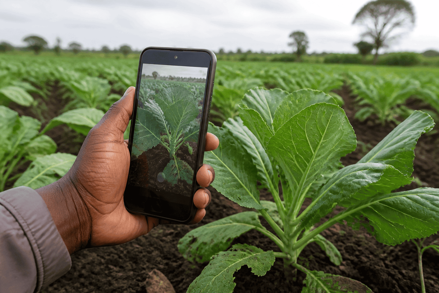 A farmer using a phone to photograph a healthy crop in the field