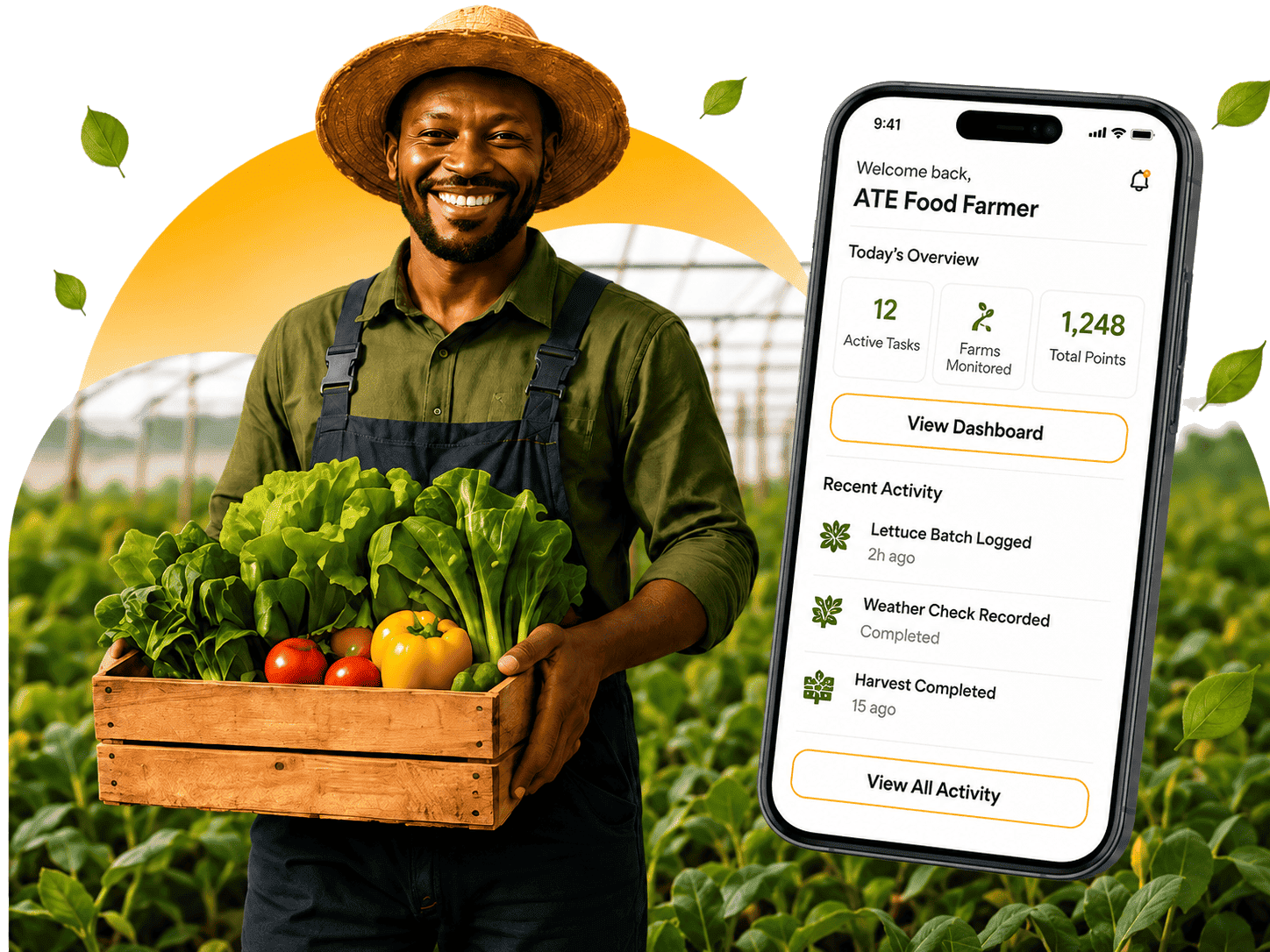 Certified ATE Food farmer holding fresh produce beside the farmer app dashboard