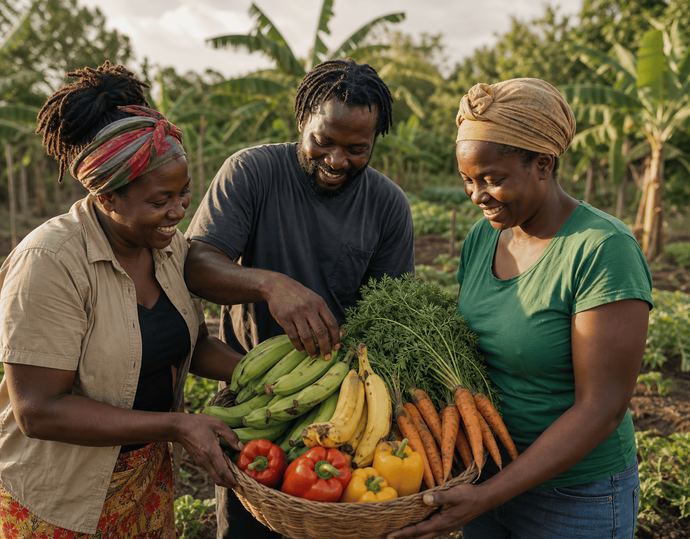 Three Jamaican farmers sharing a harvest of plantains, bananas, peppers, and carrots