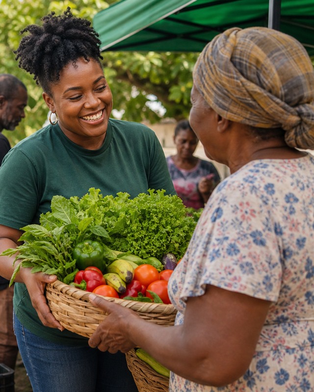 A community volunteer sharing fresh produce with an older neighbor