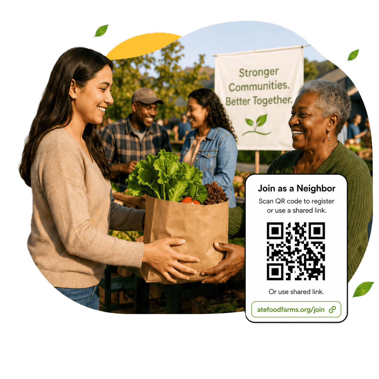 Neighbors sharing fresh produce at a community market with a QR code to join ATE Food Farms