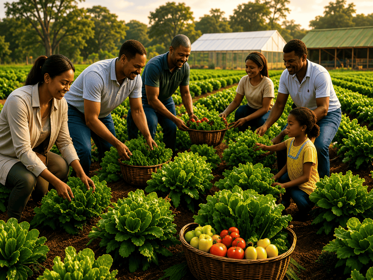 Neighbors harvesting fresh vegetables together at a community farm