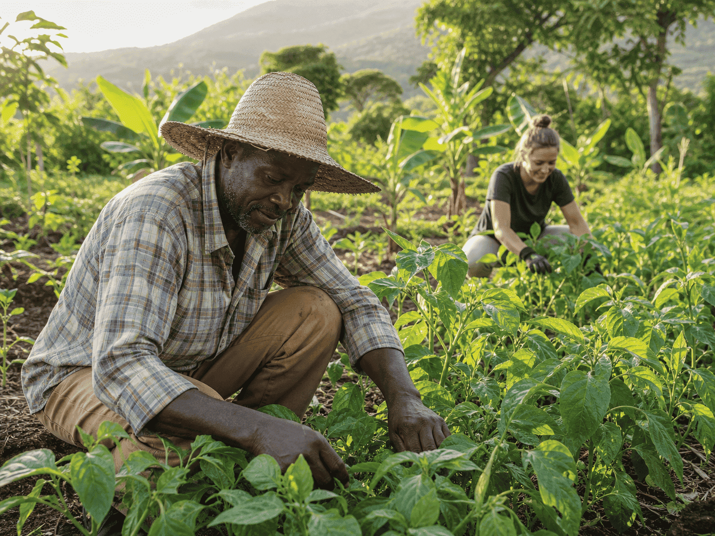 Volunteer assisting a farmer with pepper plants on a Jamaican farm