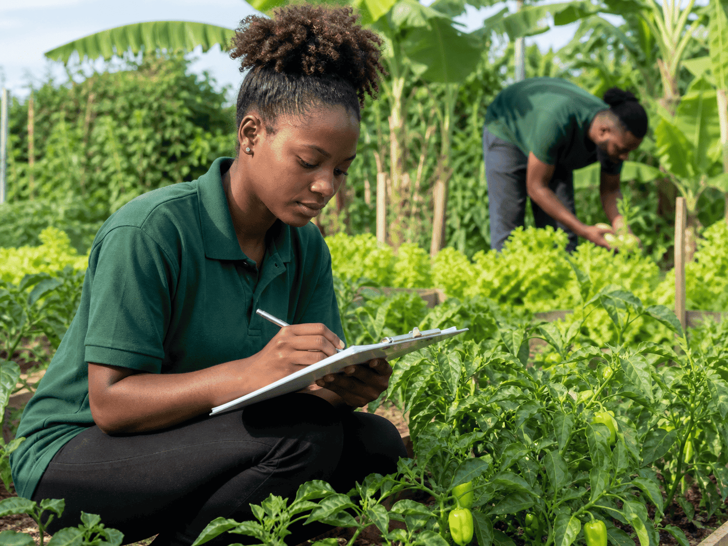 Volunteer recording the growth of pepper and banana plants on a clipboard