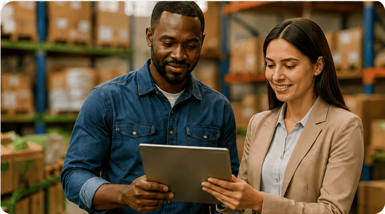 Regional distribution partners reviewing information in a warehouse